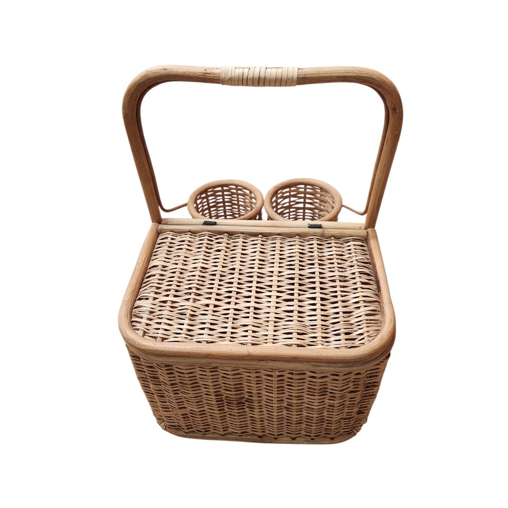 Vintage Large 2 Wine Bottle  Holder Rattan Bamboo Hinge Wicker Picnic Basket - Picture 6 of 15